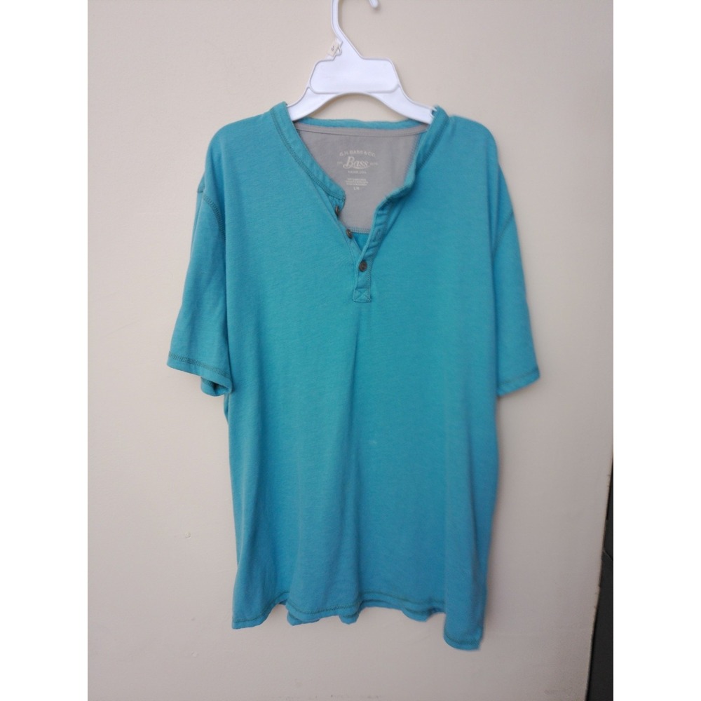 G.H. Bass & Co. Henley T-Shirt Mens Large Teal Blue Short Sleeve Contrast Trim